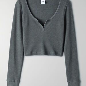 Aritzia TNA waffle scoop neck Gray Long Sleeve Crop Top